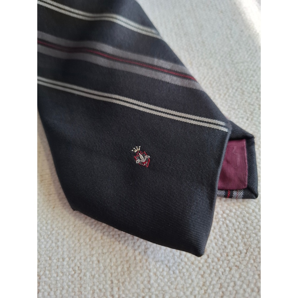 Damon Preppy Striped Necktie Black Gray Red 70s Fleur De Lis Crest Dark Academia